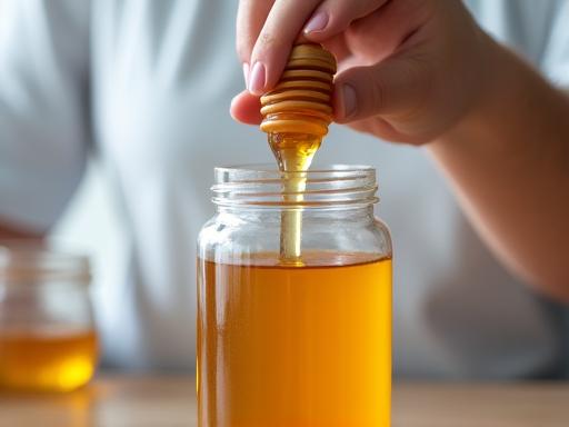 Hand füllt goldenen Honig in ein sauberes Glas.