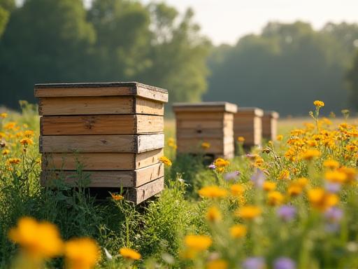 Blick auf mehrere Bienenstöcke in einer blühenden Wiese.