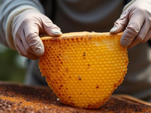 Hände eines Imkers, die eine Honigwabe vorsichtig aus dem Bienenstock heben.